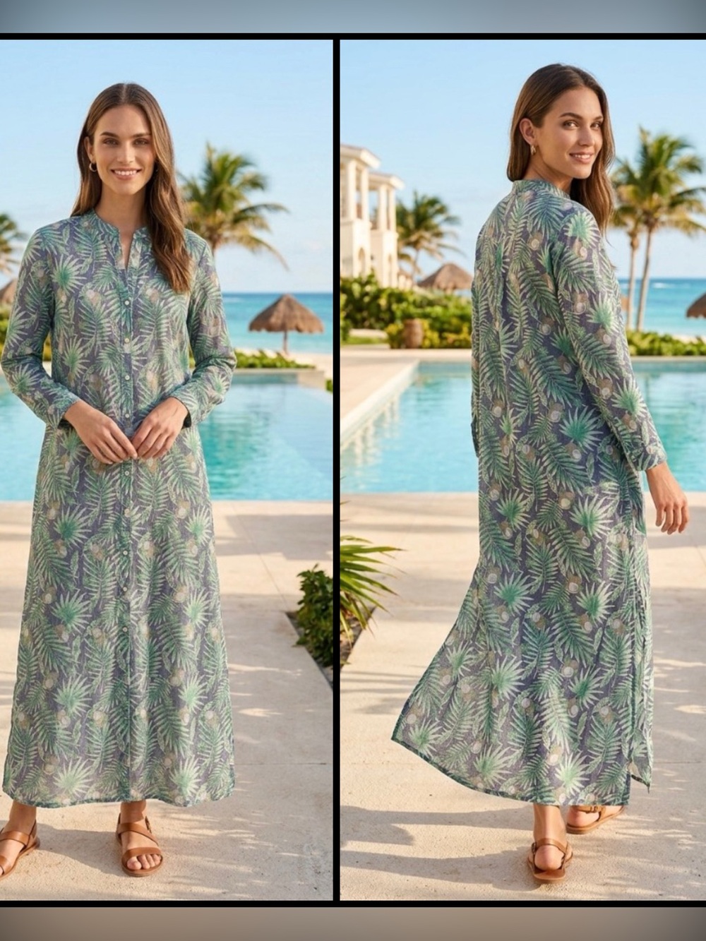 Nisa Thailand Tropical Palm Leaf Print Maxi Shirt Dress Green Swim Cover-Up XL